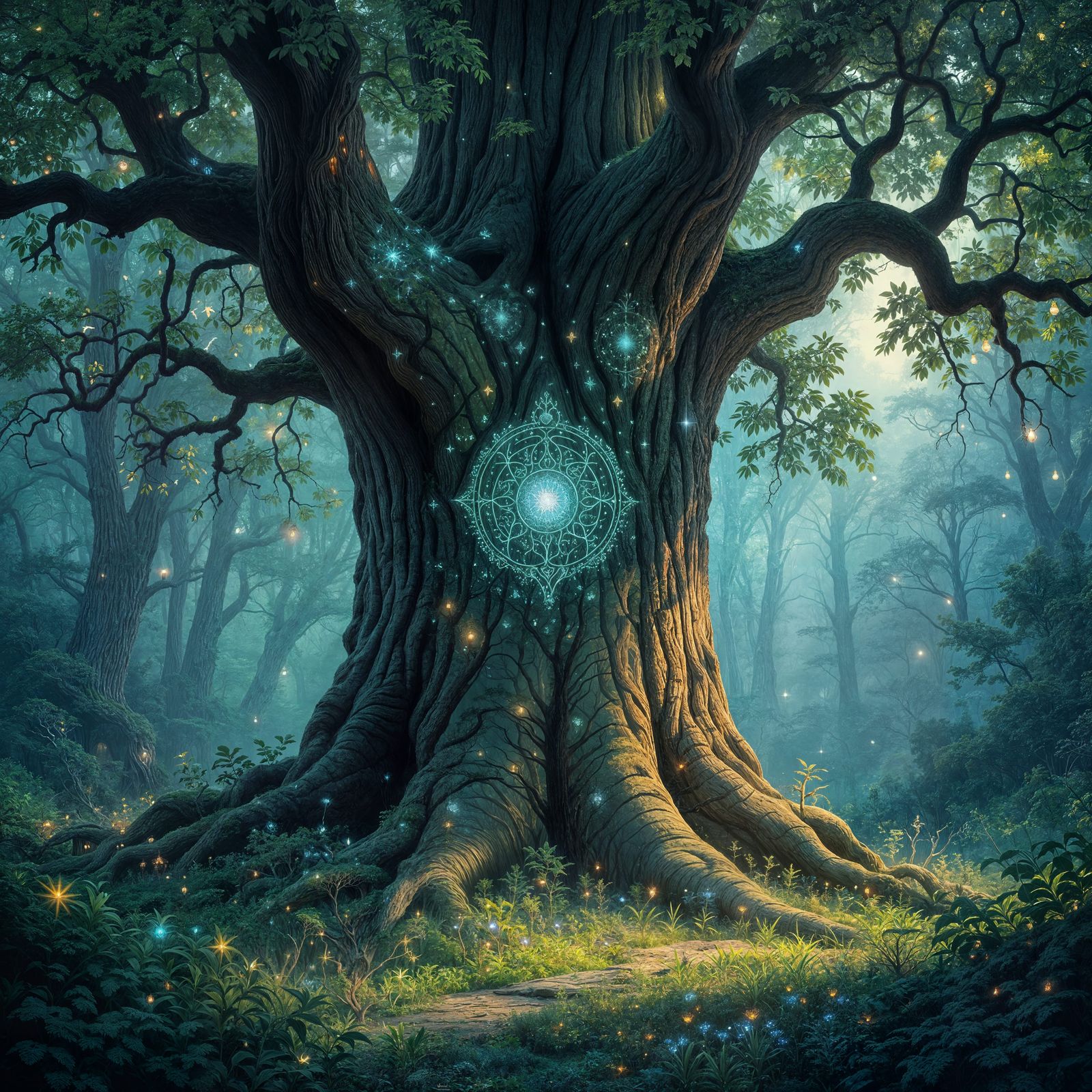 Majestic Ancient Tree With Celestial Bark in Ethereal Forest