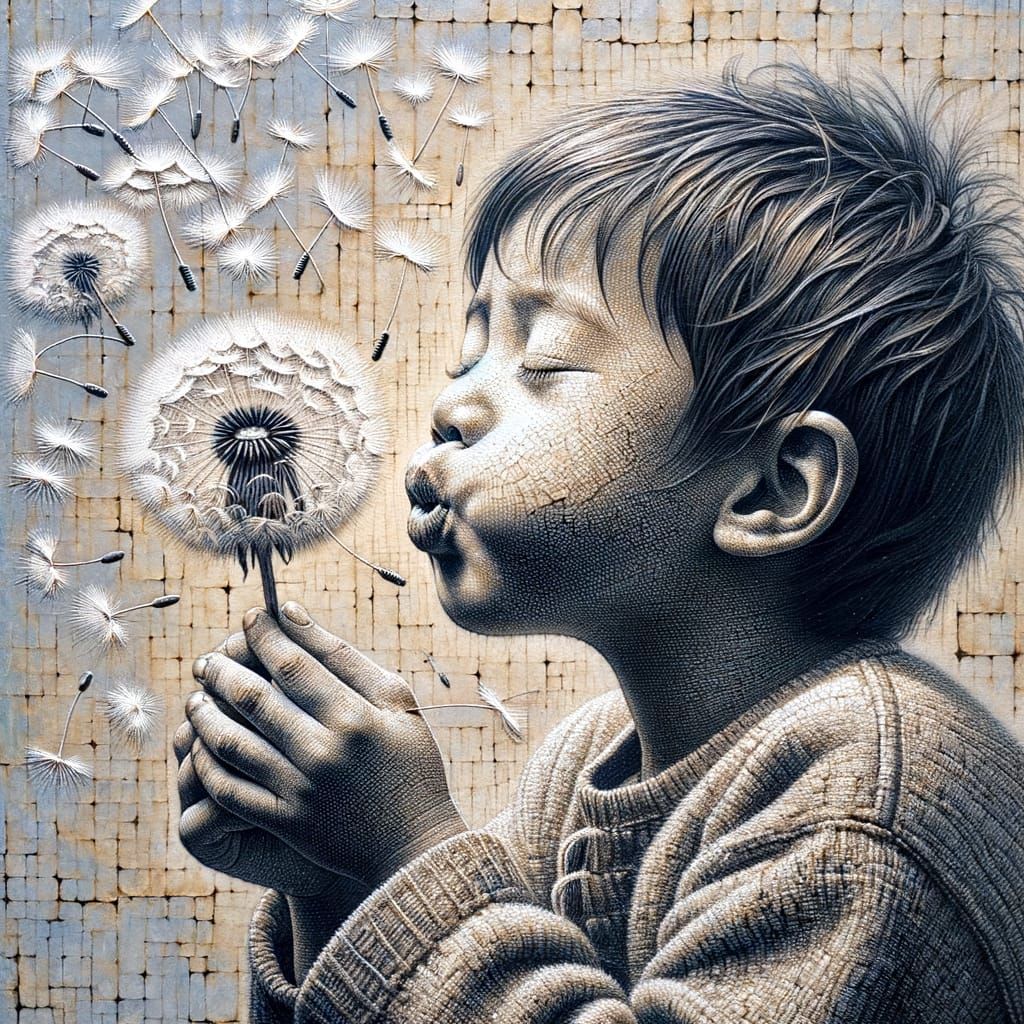 Child with Dandelion Seeds in Scumbling Sgraffito Style