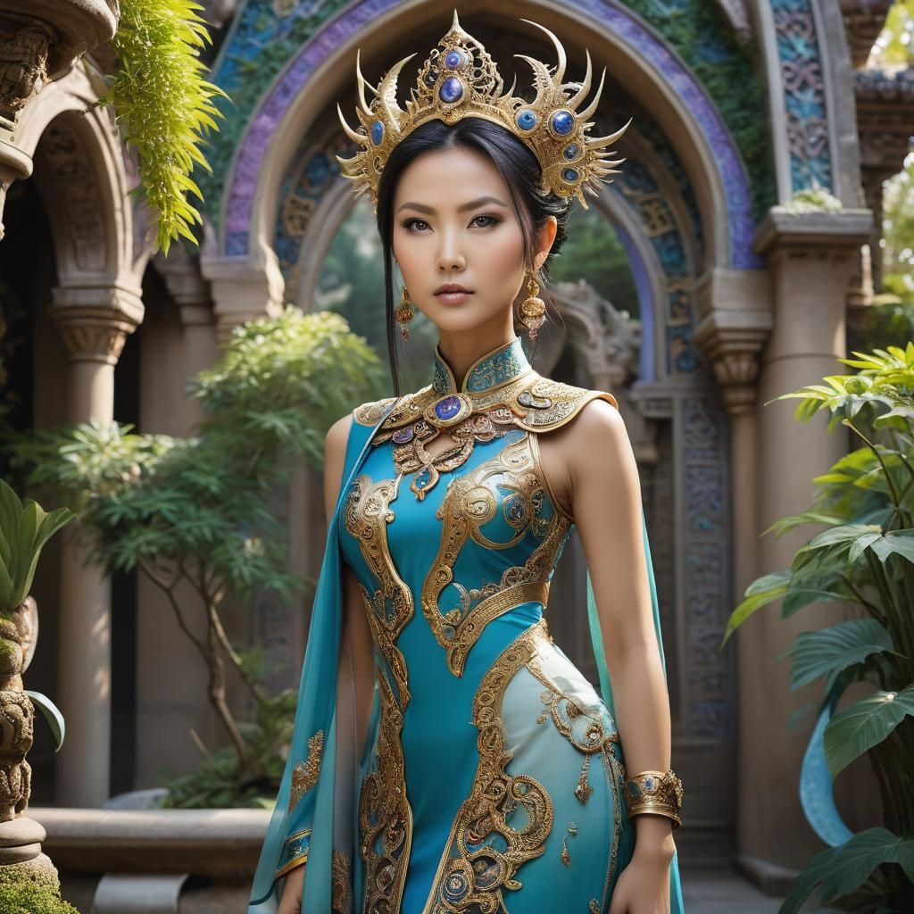 Asian Woman Portrait in Gaudi Temple Garden