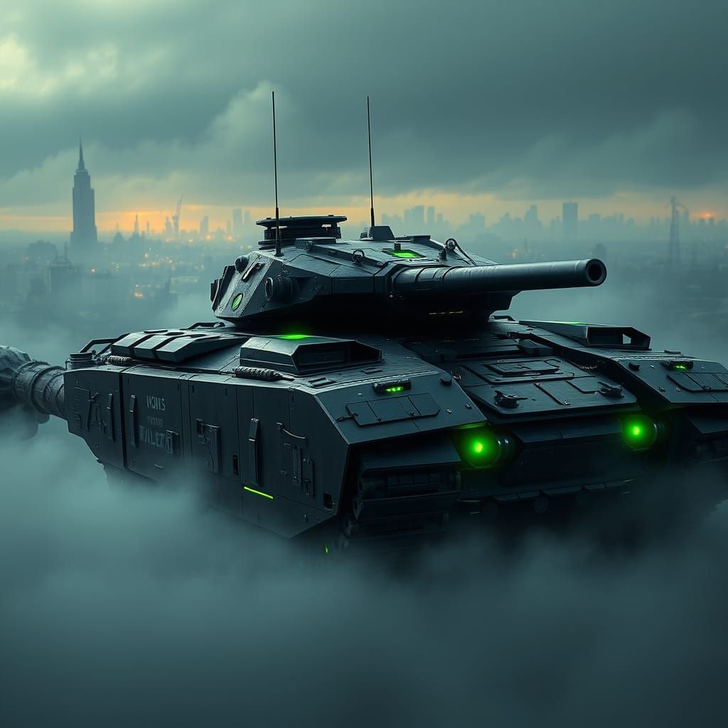 Cyberpunk Military Tank in Dark, Gritty Urban Landscape