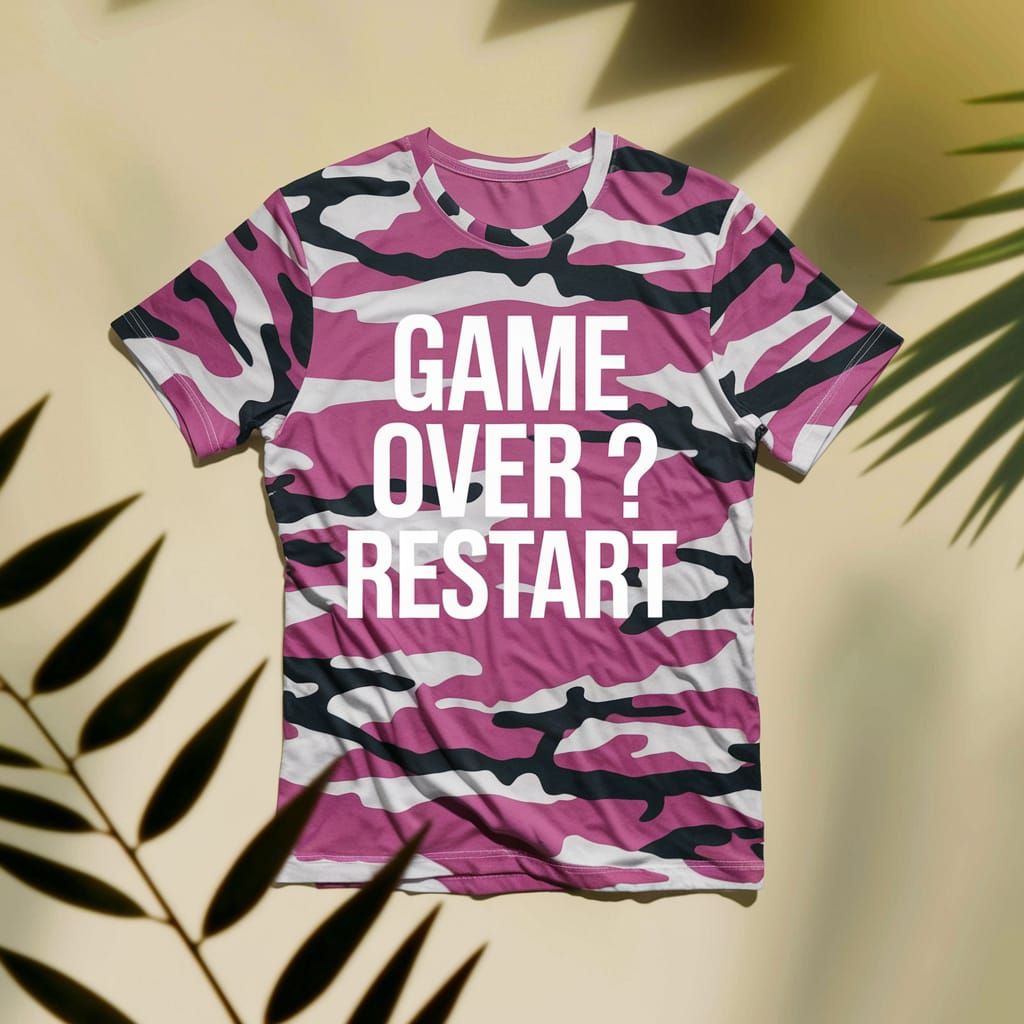 Military camouflage pink and white t-shirt with text : "Game over? Restart"