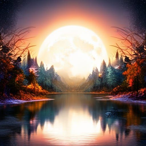 Angelic Descent on Forest Lake at Night