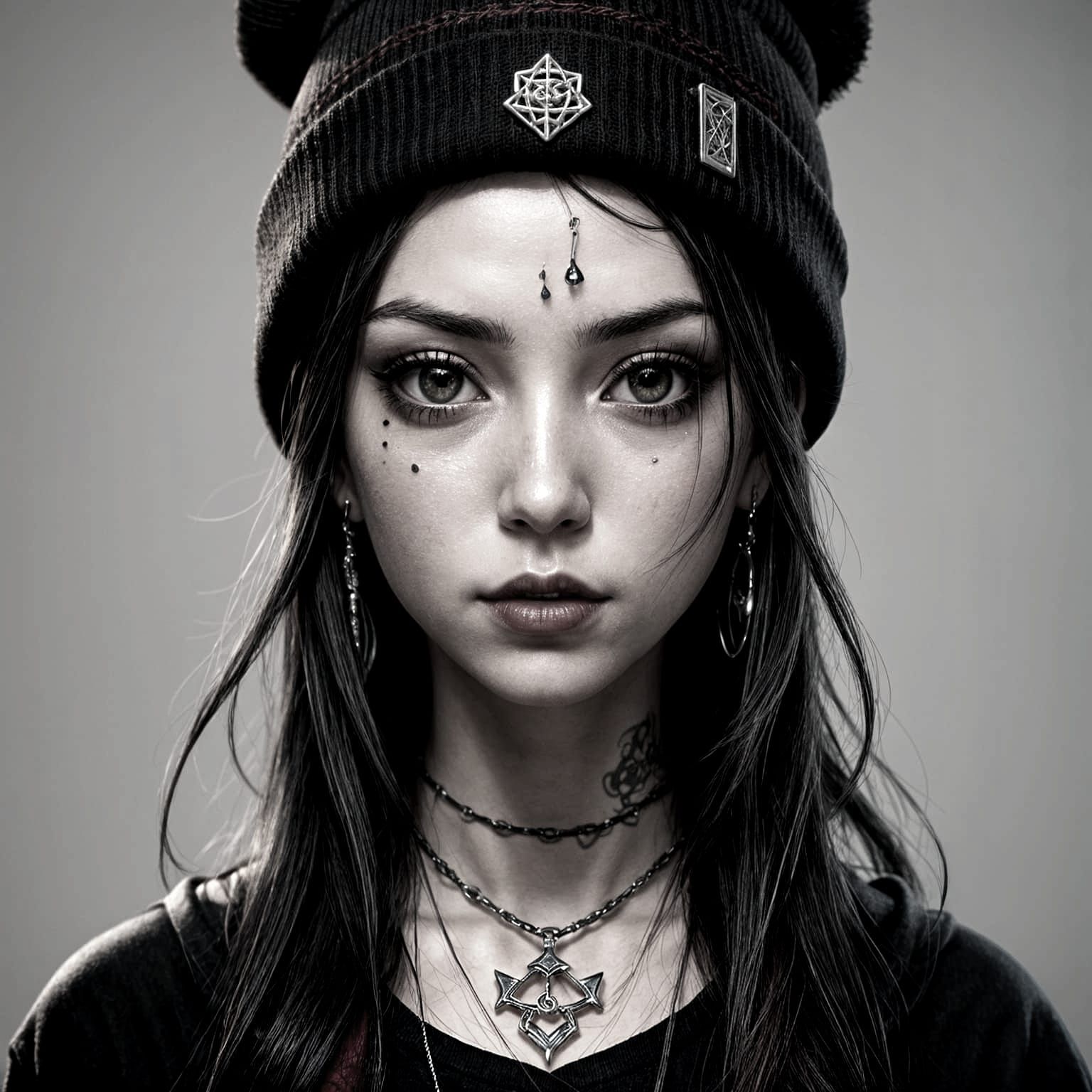 Goth Girl with Black Beanie in Anime Style