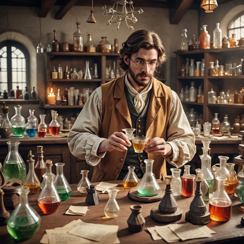 Medieval Alchemist in Laboratory as Origami Papercraft