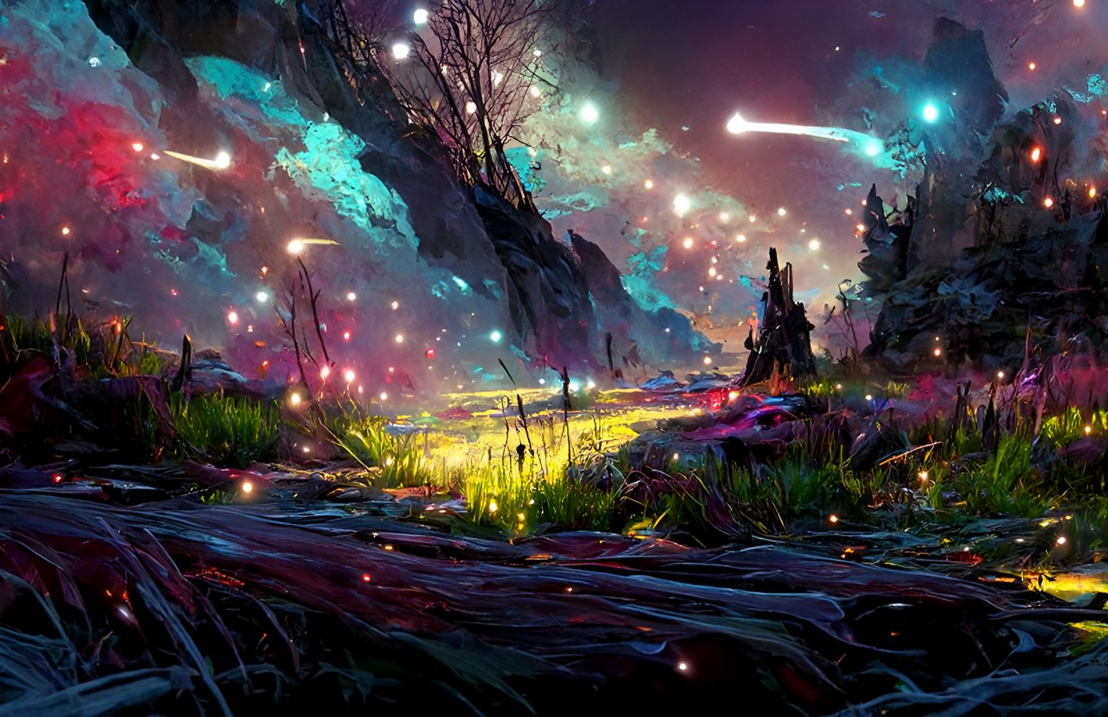 Neon Shooting Stars Over Serene Landscape