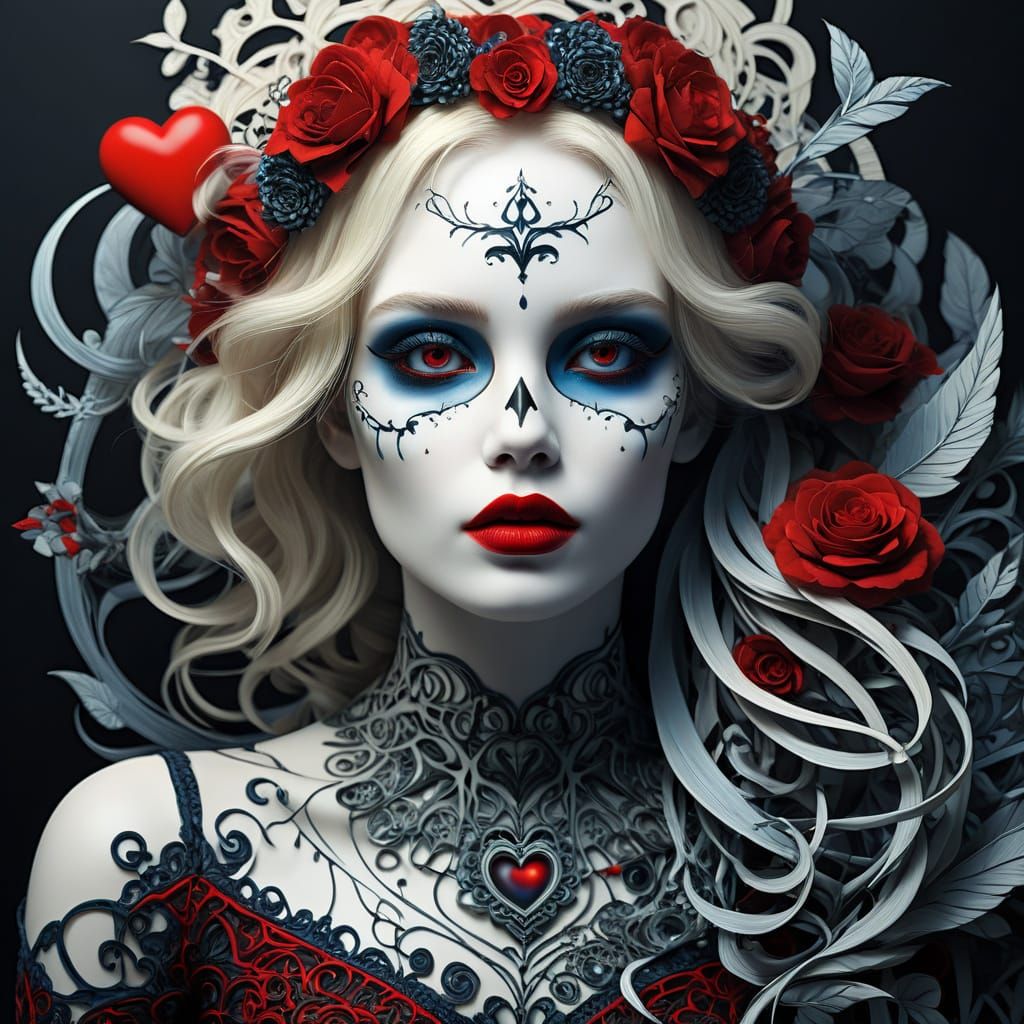 Pale Woman with Red Heart and Skull Wreath