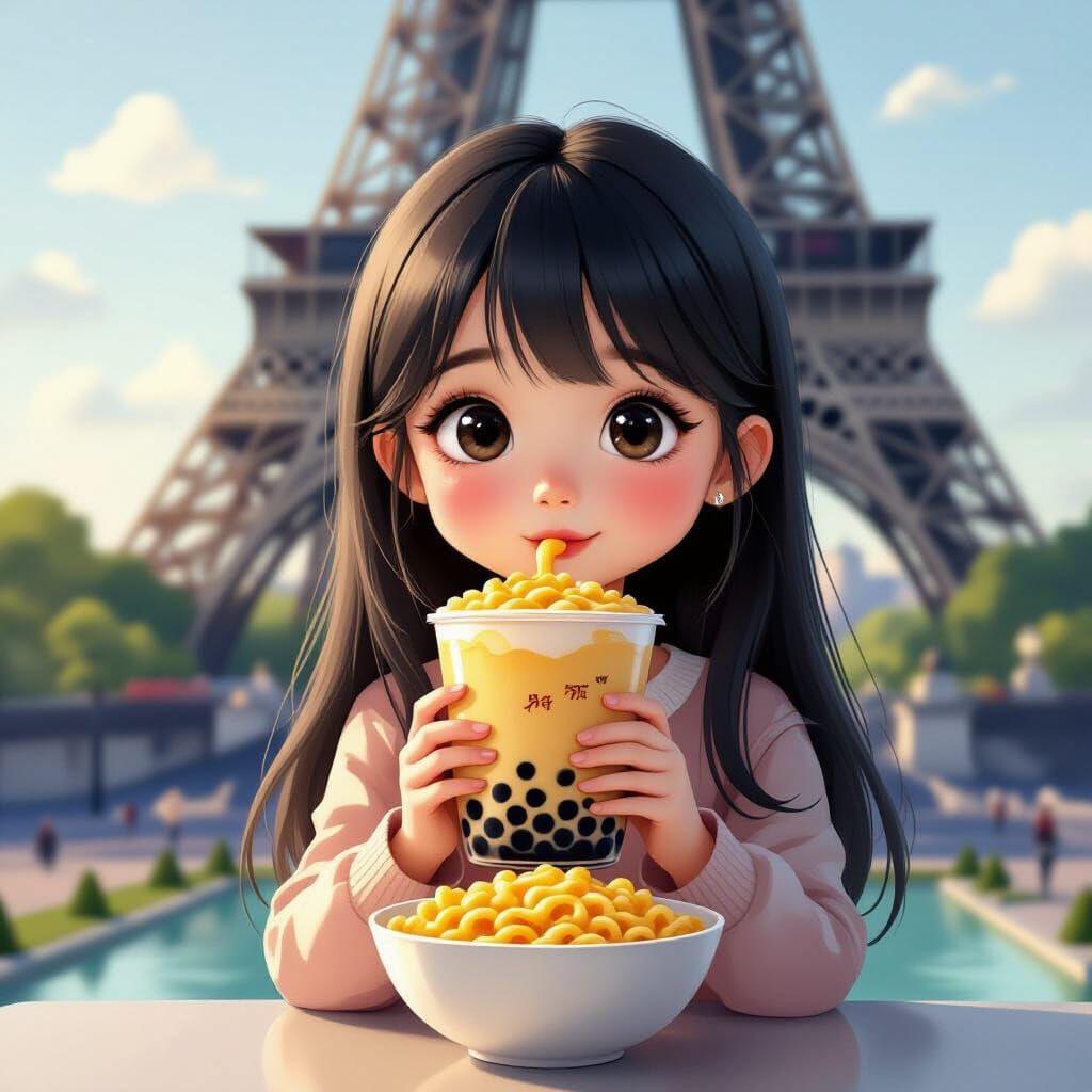 Chinese Girl Enjoys Bubble Tea Near Eiffel Tower