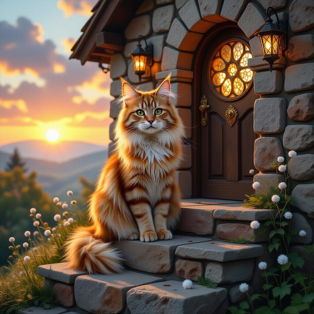 Whimsical Ginger Cat in Steampunk Fibonacci World