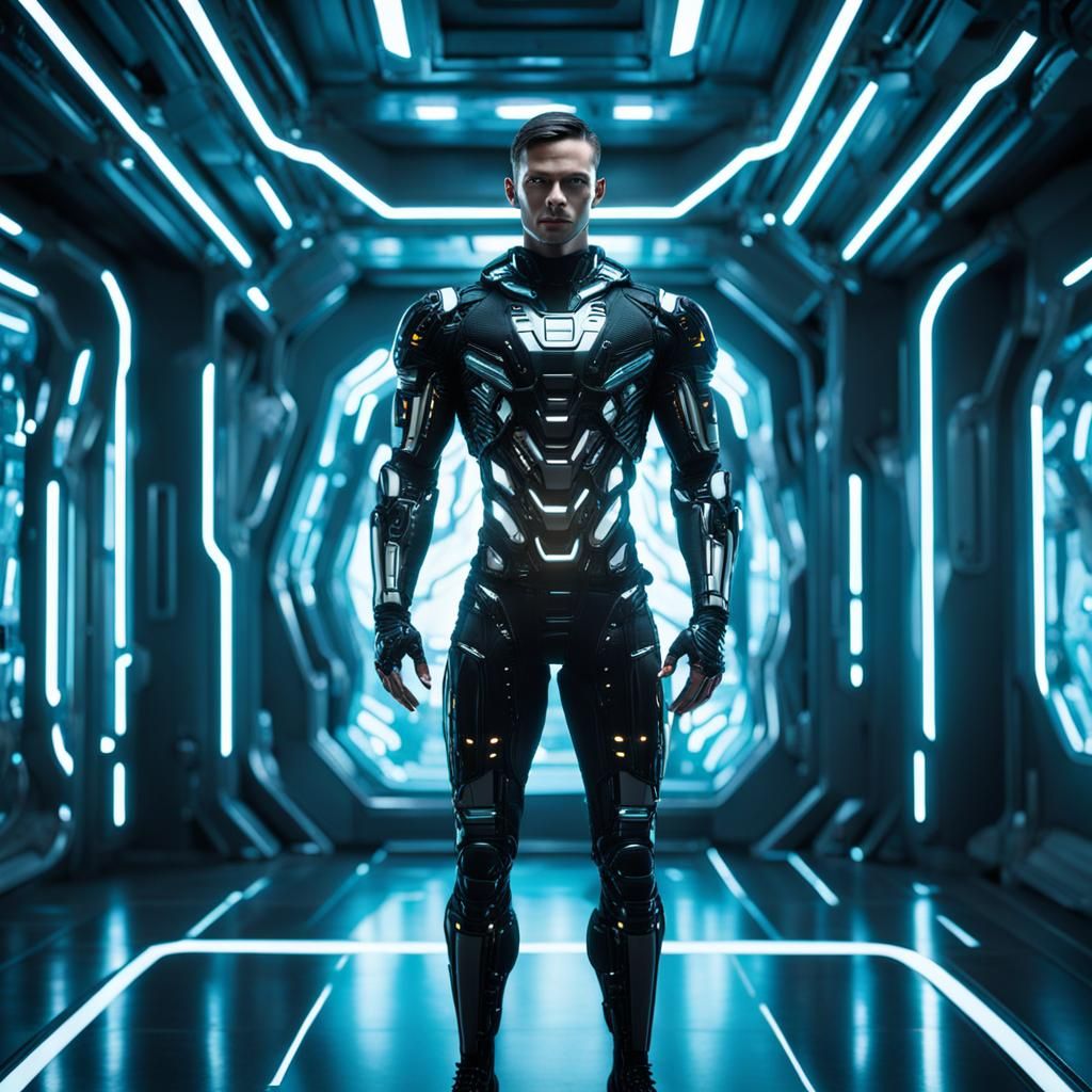 Athletic Cyborg in Futuristic Room