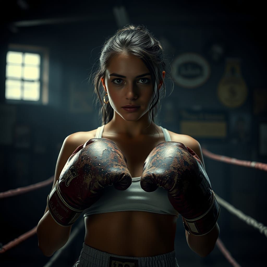 Female Boxer in Gritty Gym, Film Noir Style