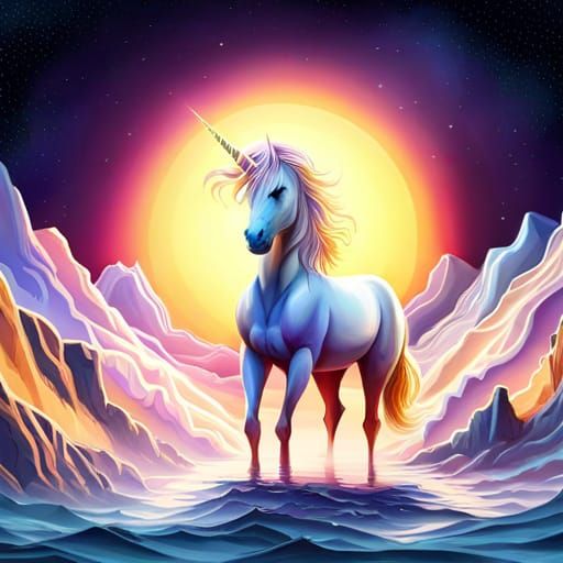 Magical Unicorn in Starry Cloudscape: Hyperrealistic Digital...