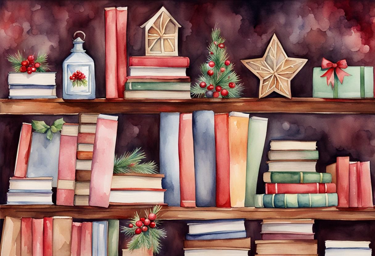 Watercolor Christmas Books on Decorated Shelf