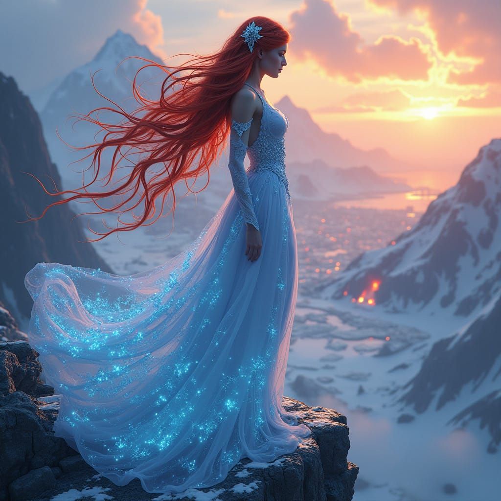 Ethereal Goddess of Flame and Frost in a Fantastical Realm