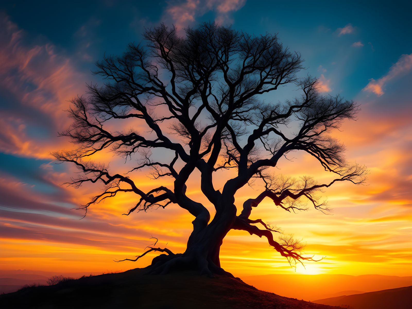 Dramatic Sunset Silhouette of Lonely Tree