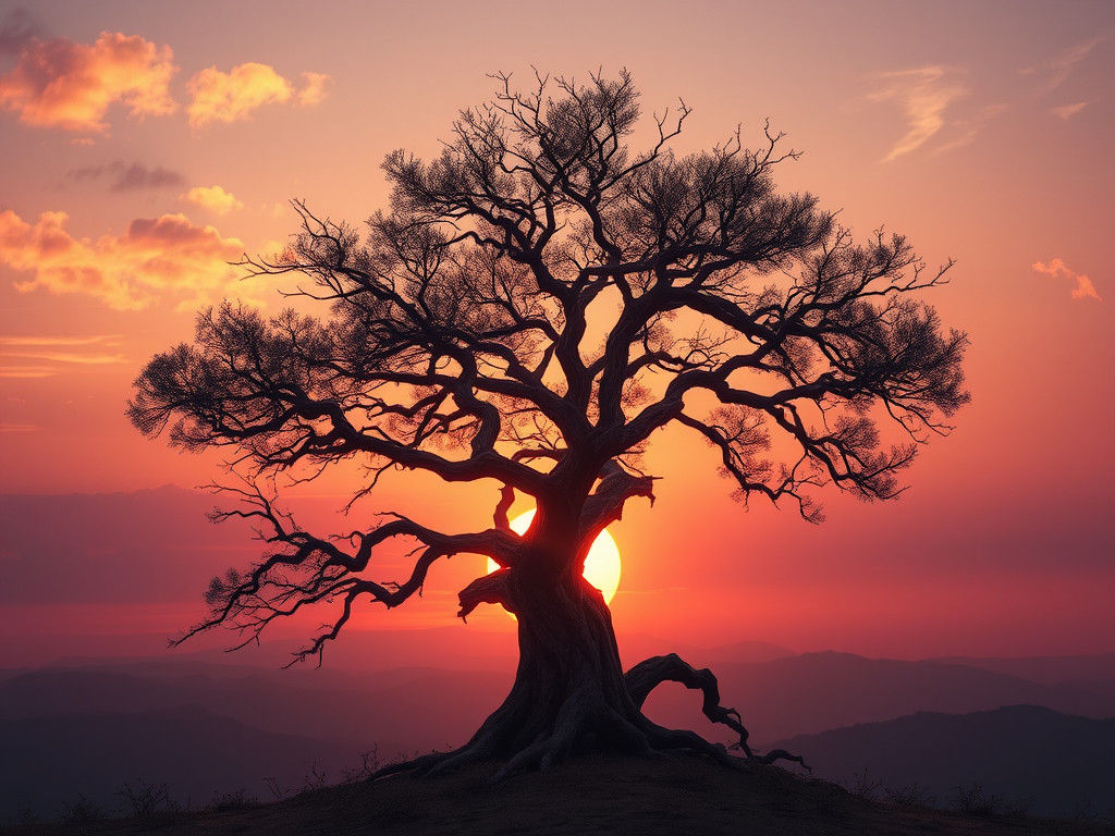 Solitary Tree Silhouetted Against Ethereal Sunset