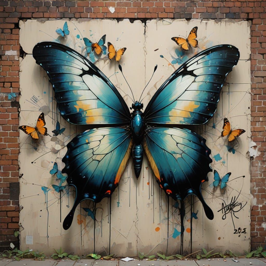 Stenciled Butterfly Street Art in Urban Decay