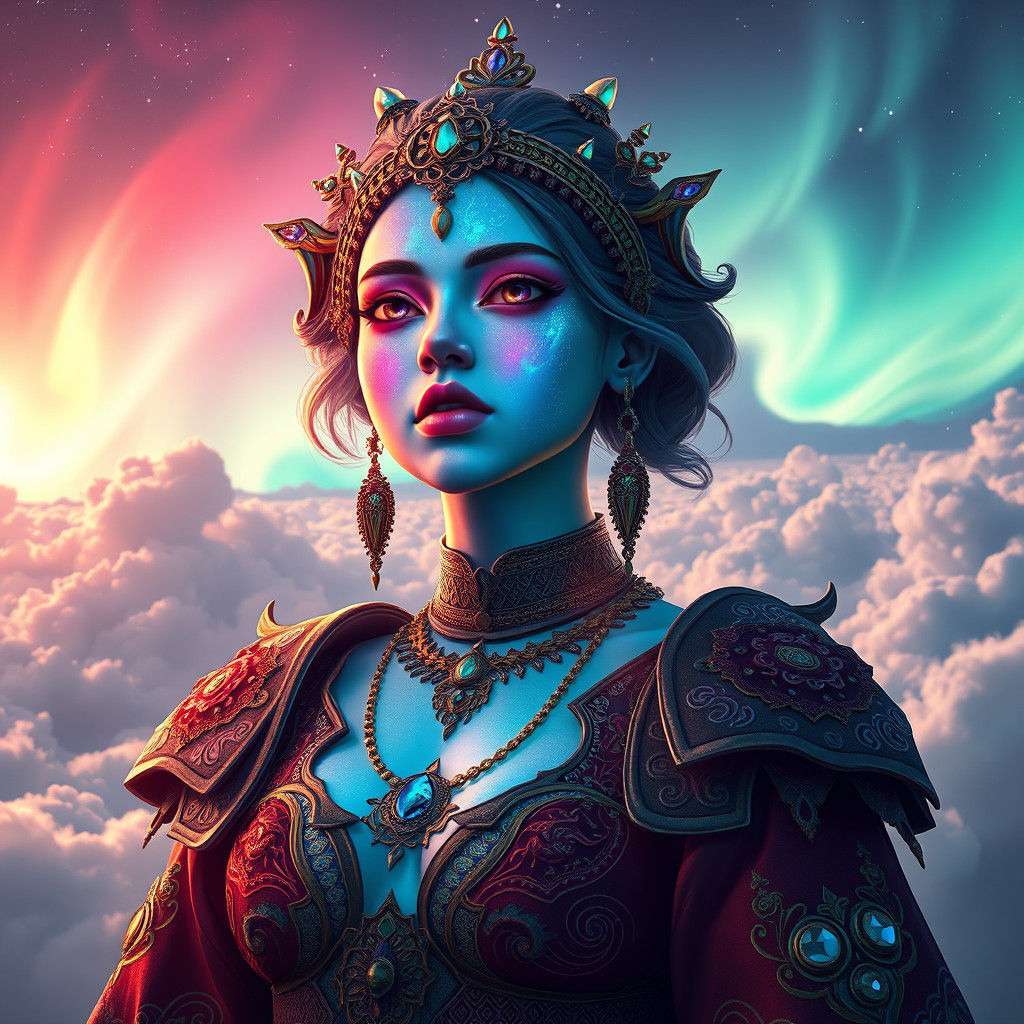 Iridescent Woman in Aurora Borealis Setting