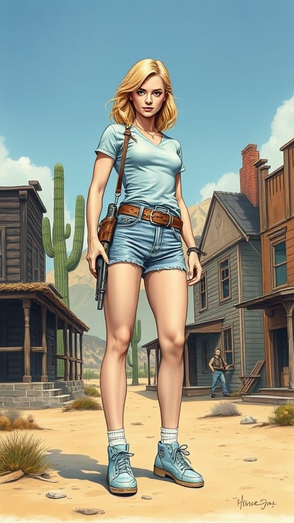 Blonde Gunslinger in Abandoned Western Town, Comic Style