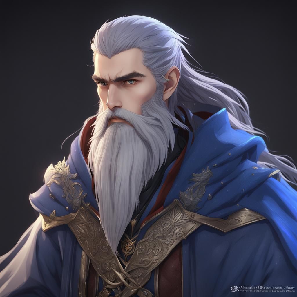Anime Style 3D Render of Merlin with Long Beard