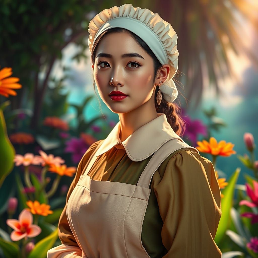 Elegant Young Woman in Vibrant Futuristic Solarpunk Garden