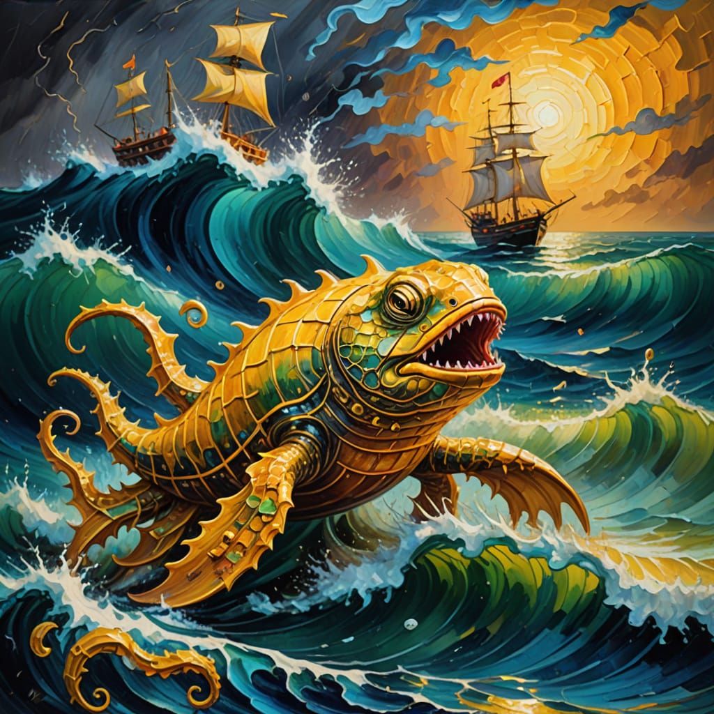 Surreal Sea Creature Protects Sailors: Neo-Impressionist Pai...