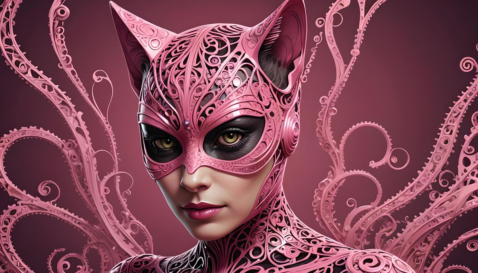 Realistic Pink Catwoman with Abstract Fractal Elements