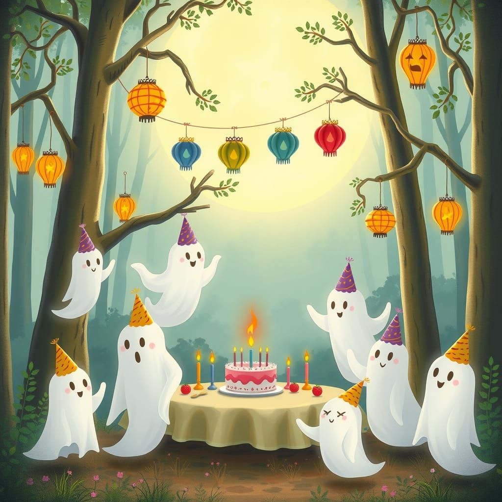 Whimsical Ghost Birthday Party in Moonlit Forest