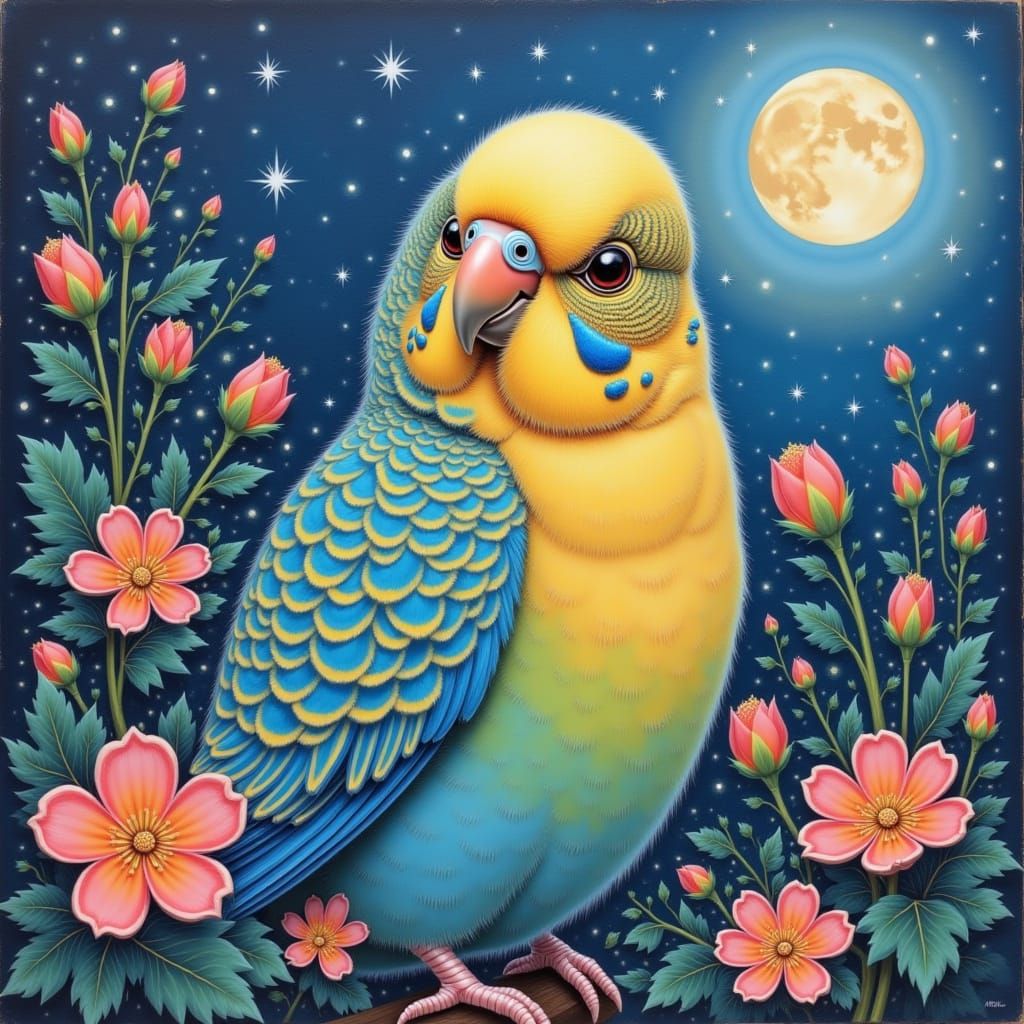 Watercolor Budgerigar in Surreal Moonlit Garden