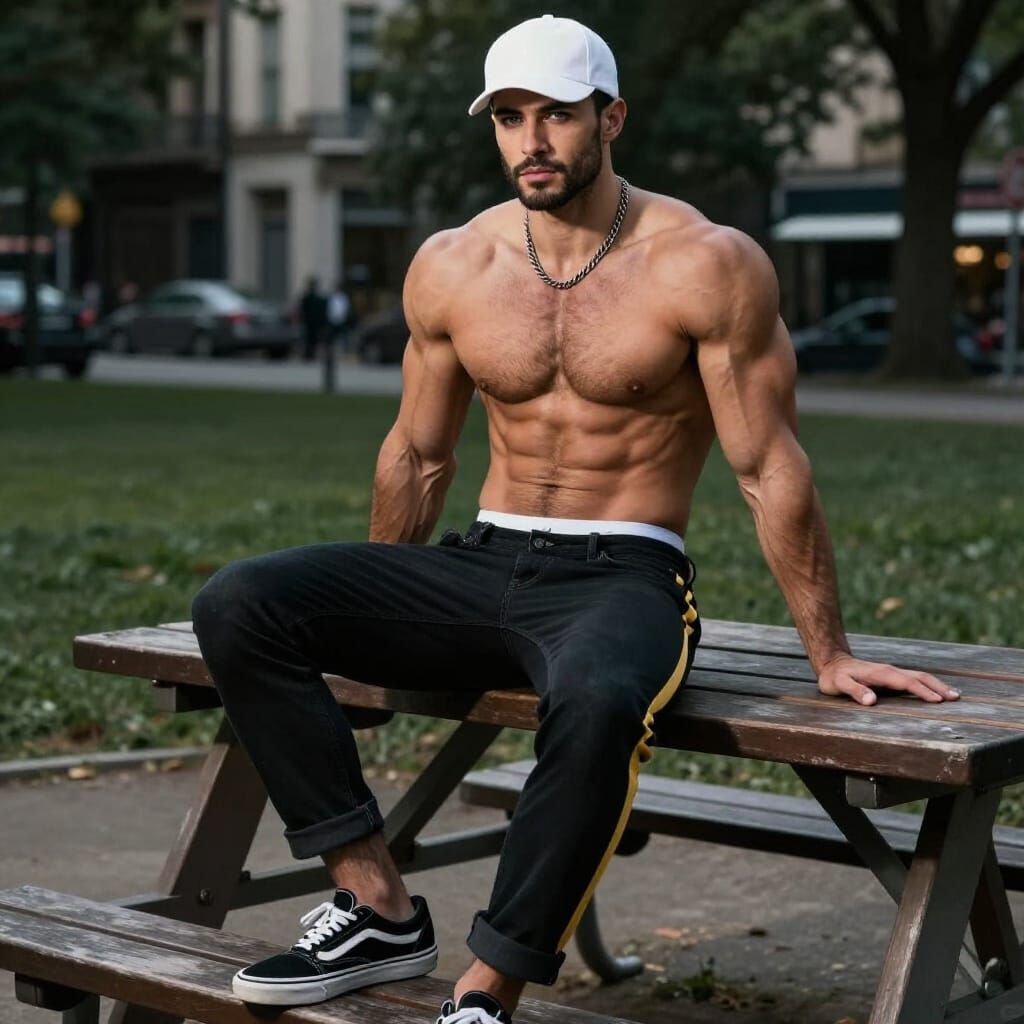 Vogue Fashion Portrait of Muscular Man in Park