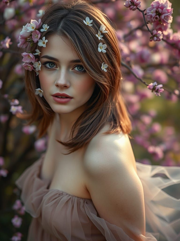 Woman with Flowers in Dreamy Spring Setting