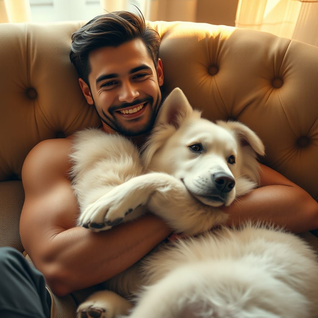 Handsome Man and Gentle White Dog Share a Magical Moment