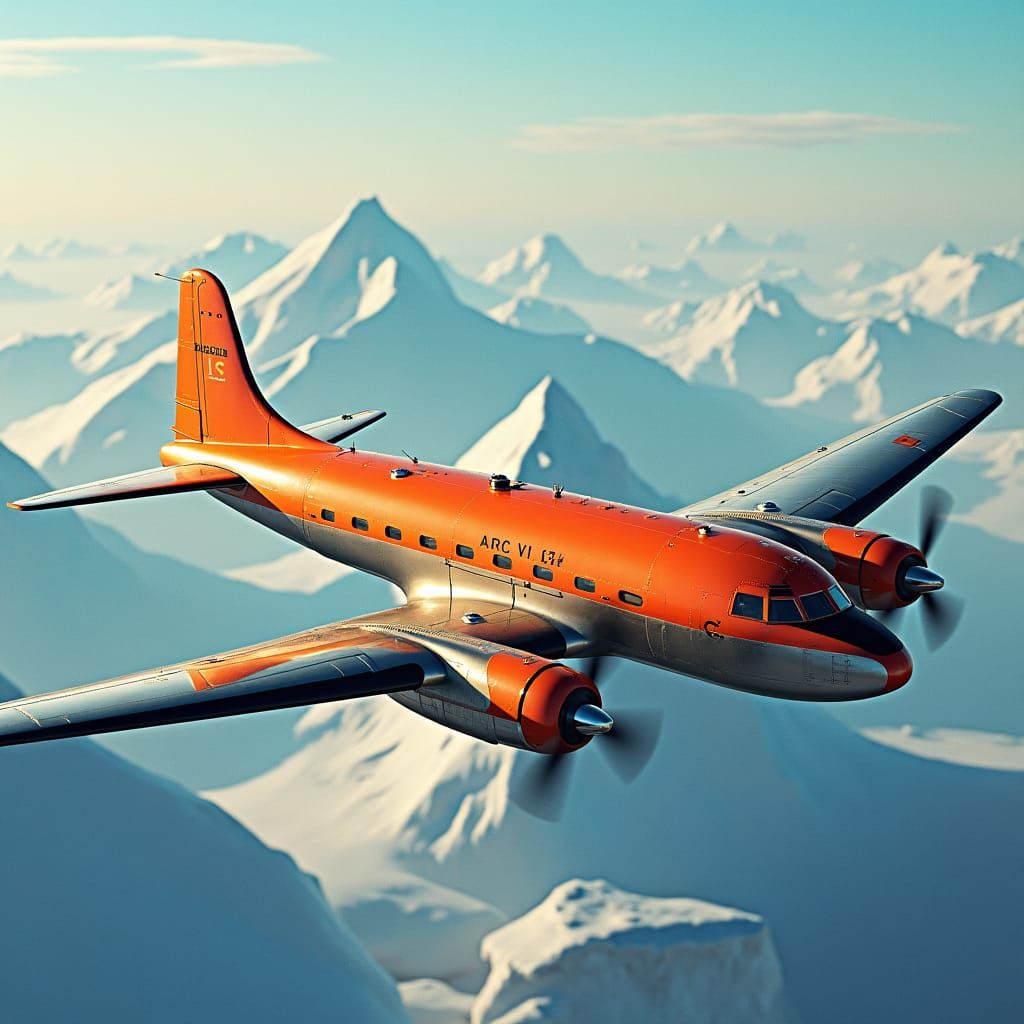 DC-3 Aircraft Soaring Over Antarctica, Vintage Style