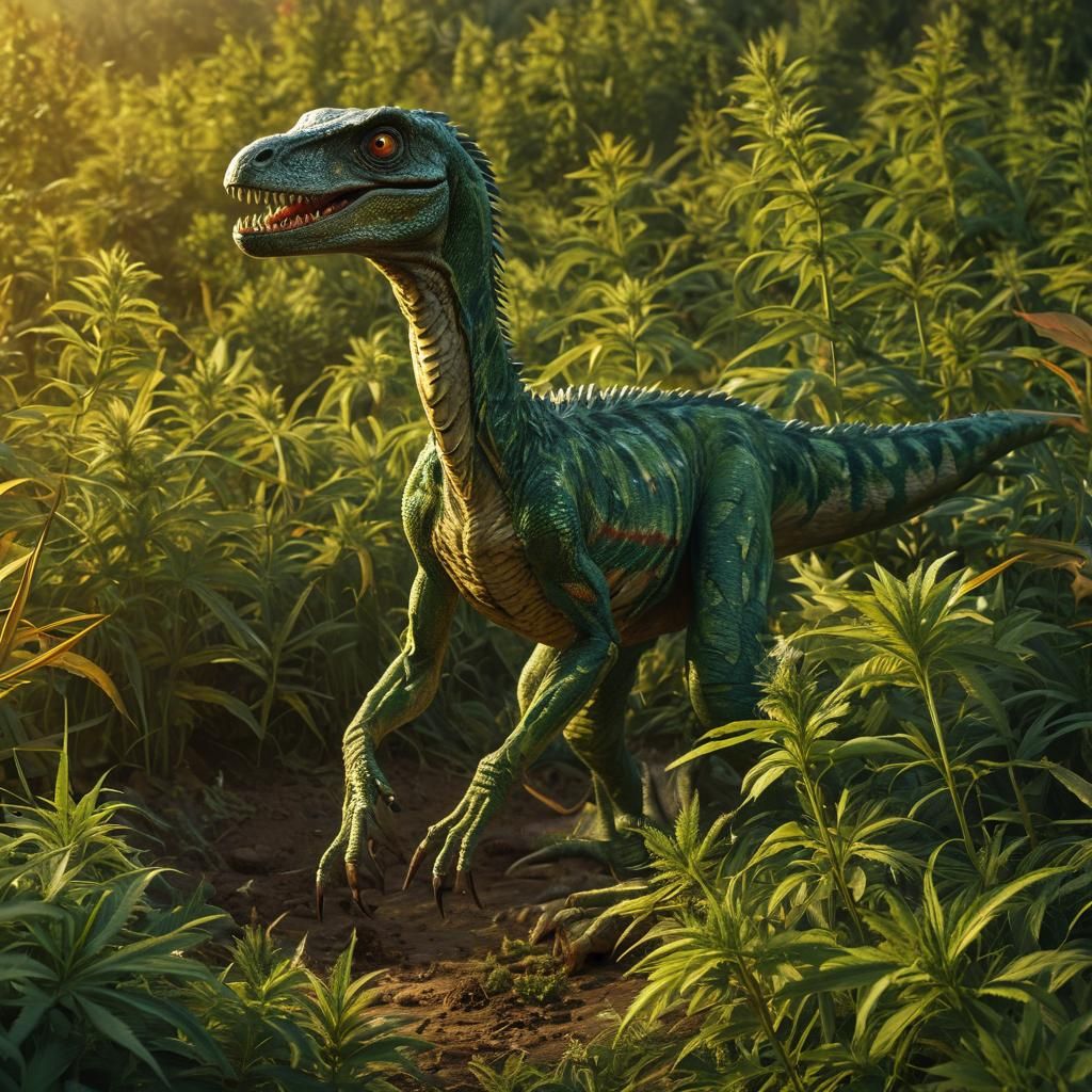 Velociraptor Runs Through Cannabis Field, Salvador Dali Styl...