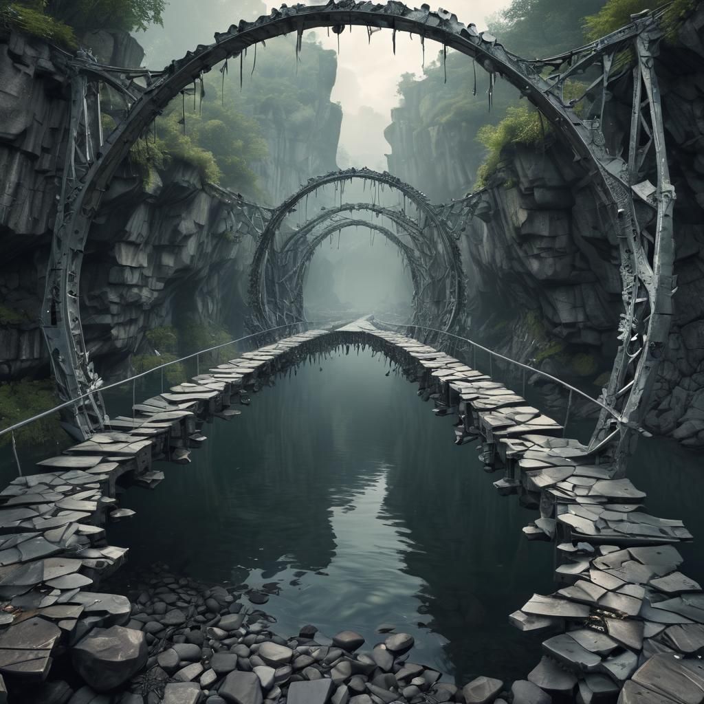 Fractal Ghost Bridge Over Post-Apocalyptic River