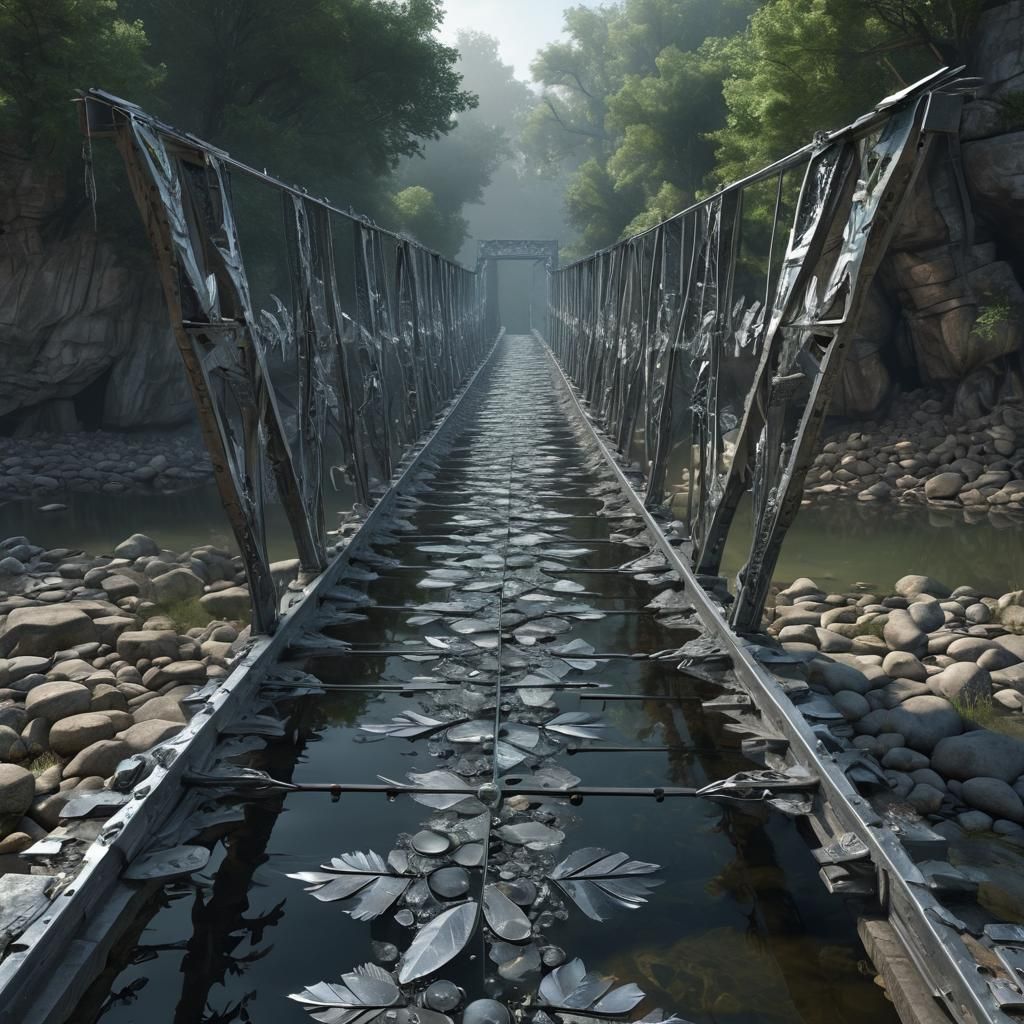 Fractal Ghost Bridge Over Post-Apocalyptic River