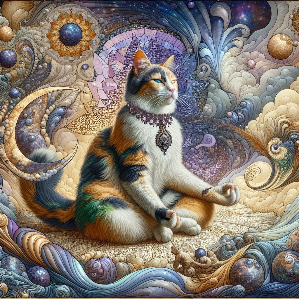 Calico cat meditating.