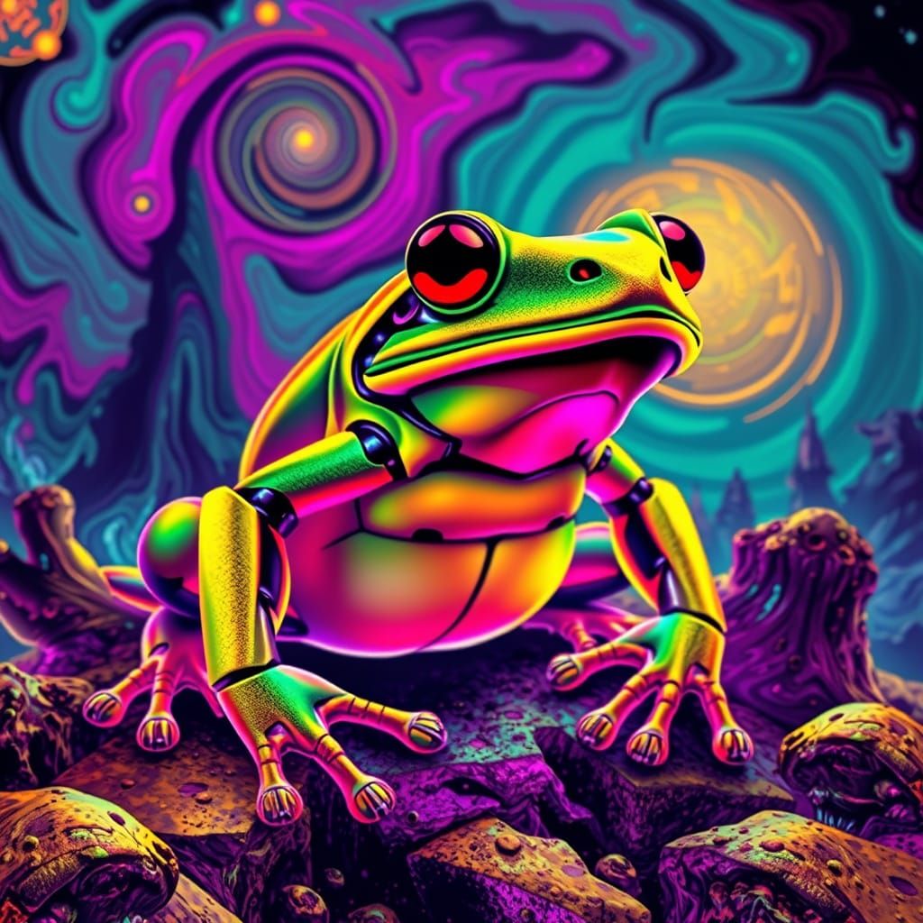 Neon Robotnic Frog in Distorted Cyberpunk Landscape