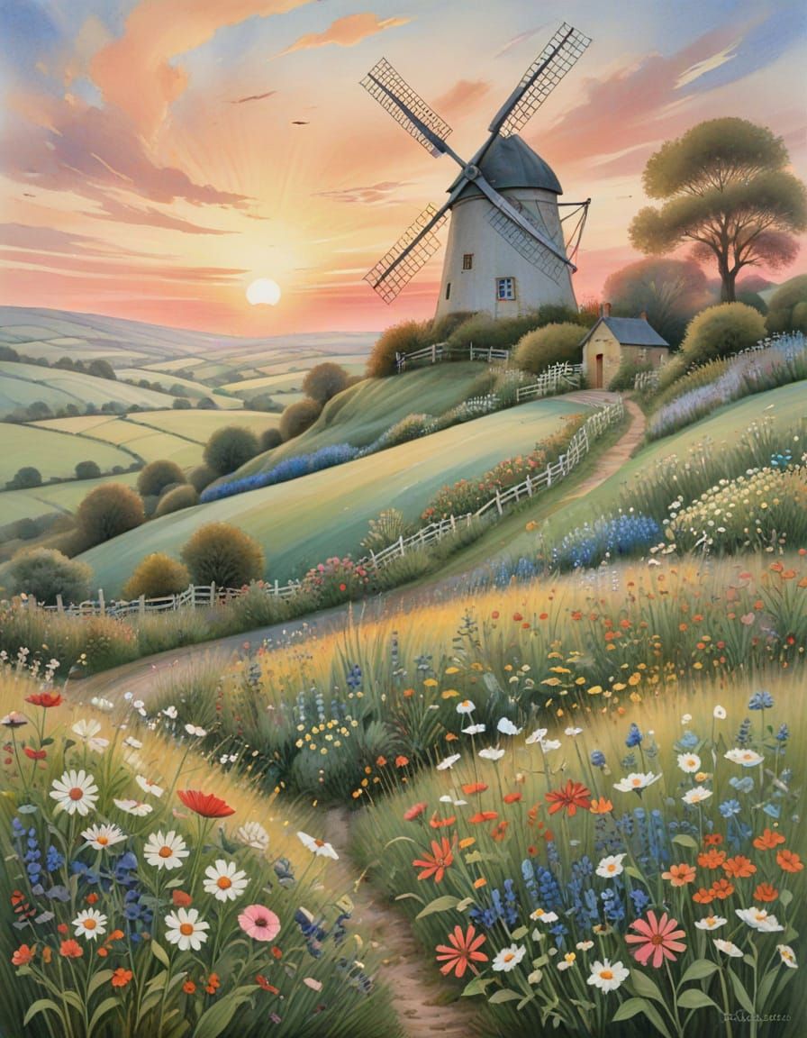 Painterly Watercolour Windmill at Sunset with Wildflowers
