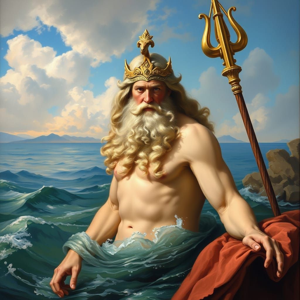 Classical God King of the Sea in Elegant Baroque Oil Paintin...
