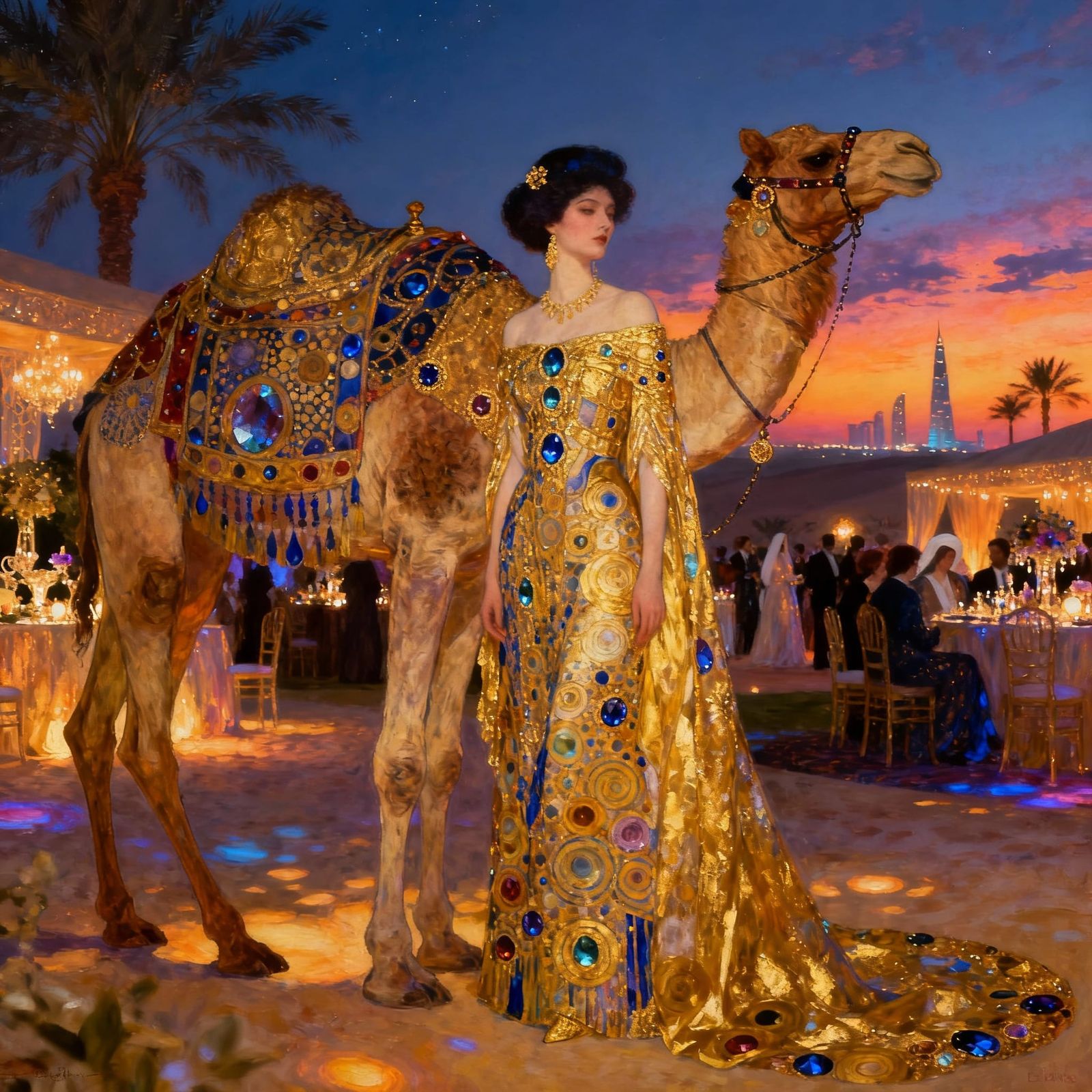 Klimt Style Woman with Camel at Dubai Party