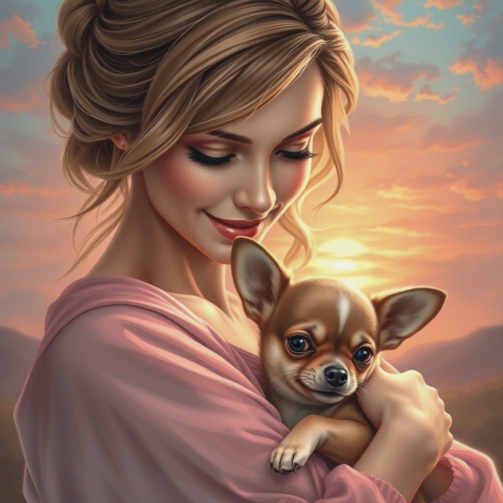 Soothing Sunset Portrait of Woman with Chihuahua in a Whimsi...