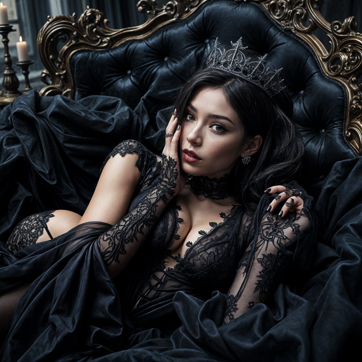 Gothic Princess in Lace Bodysuit on Silk Couch