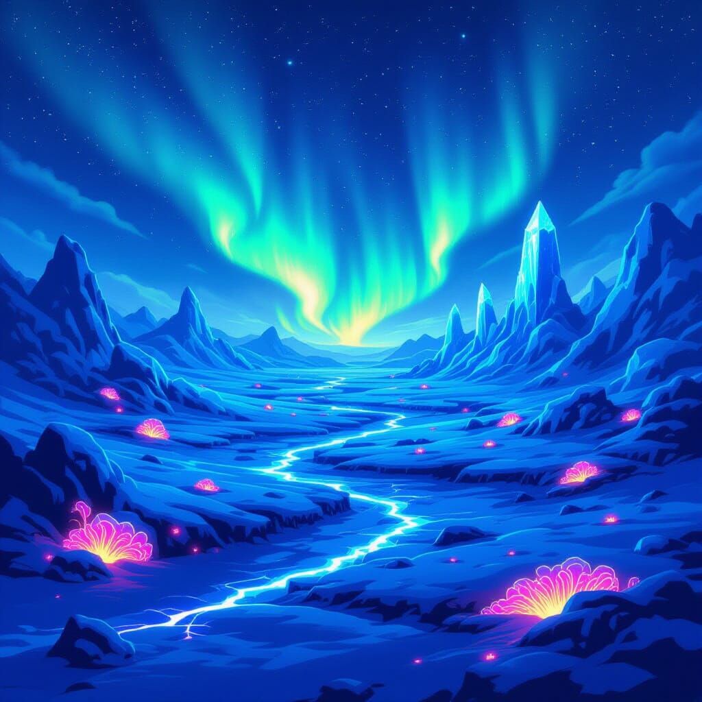 Pixel Art Frozen Tundra Planet with Auroras
