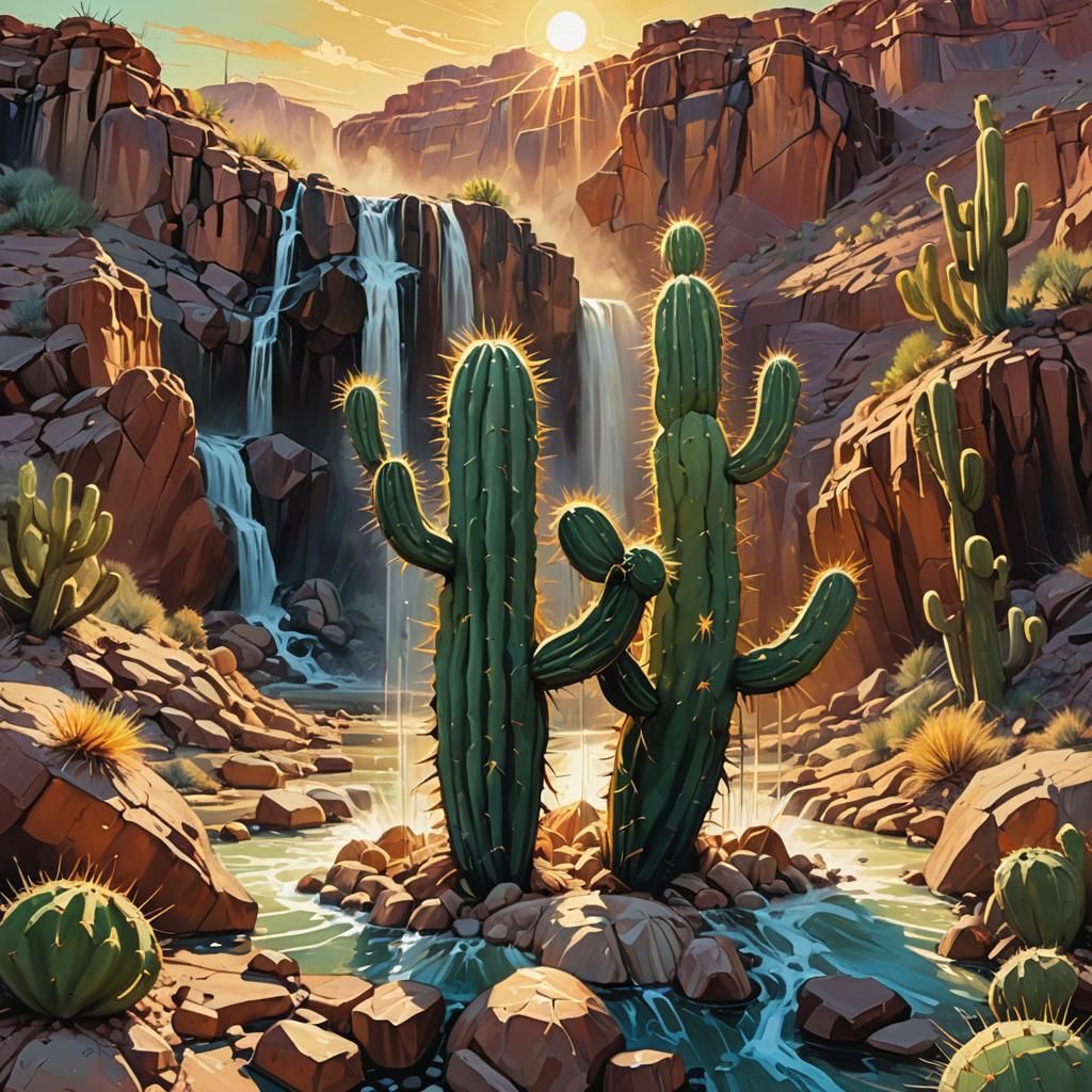 Screaming Cactus at Desert Waterfall in Expressionist Style