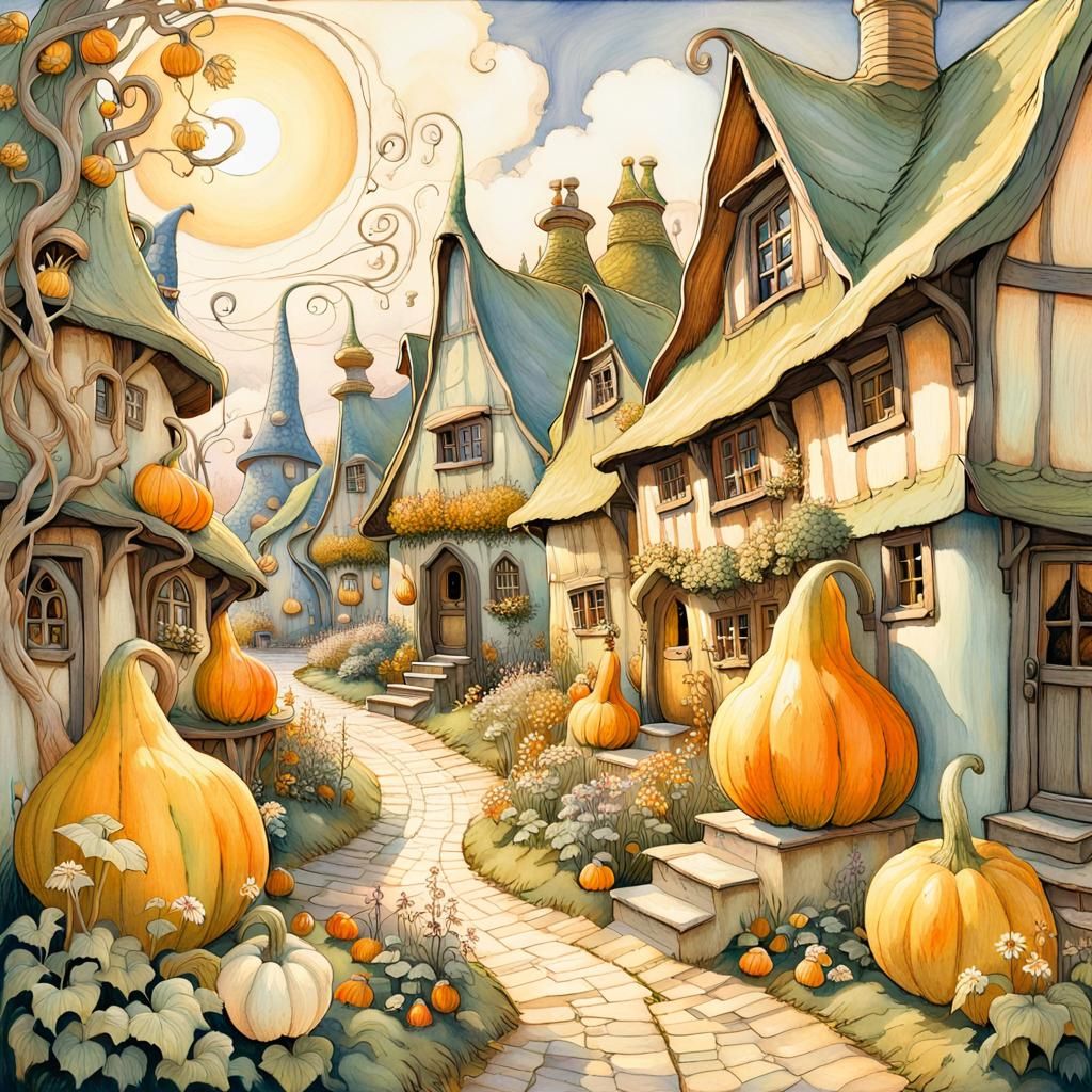 Gnome Village with Giant Gourds: Fantasy Illustration