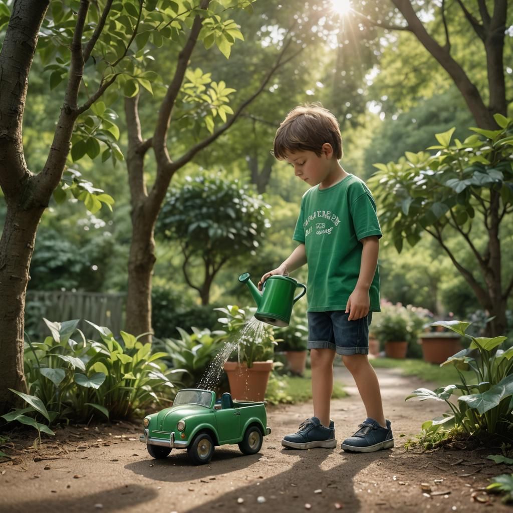 Hyperrealistic Boy Waters Toy Car with Nostalgic Light