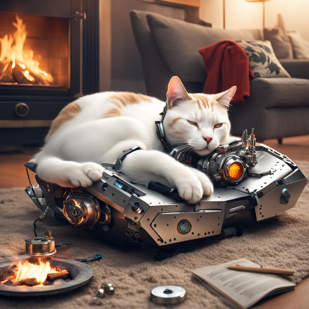 Cyborg Cat Robot Relaxing by Fireplace