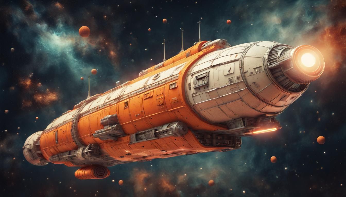 Retro Sci-Fi Spaceship Soaring Through Deep Space