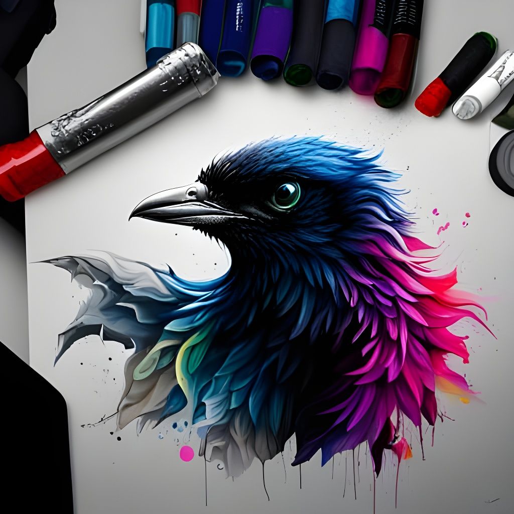 Graffiti Art Raven with White-Tipped Feathers