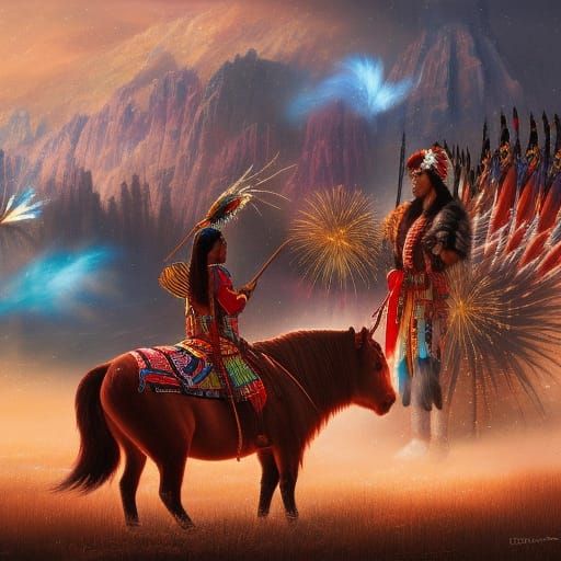Native American Symbols with Fireworks, Detailed Matte Paint...
